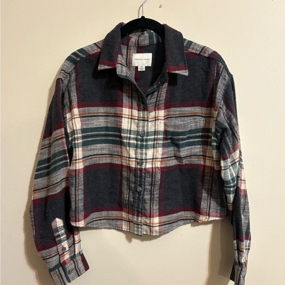 Americaâ Eagle Womenâs Small Crop Plaid button down Shacket cotton green blue
